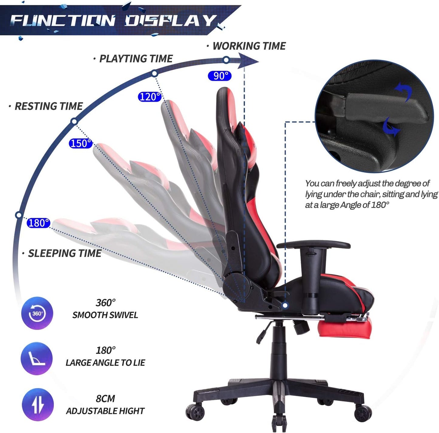 Ergonomic Gaming Chair with Footrest - Racing-Style Video Game Chair for Computer Gaming - Swivel Office Desk Chair with Lumbar Support and Headrest - Red/Black Design