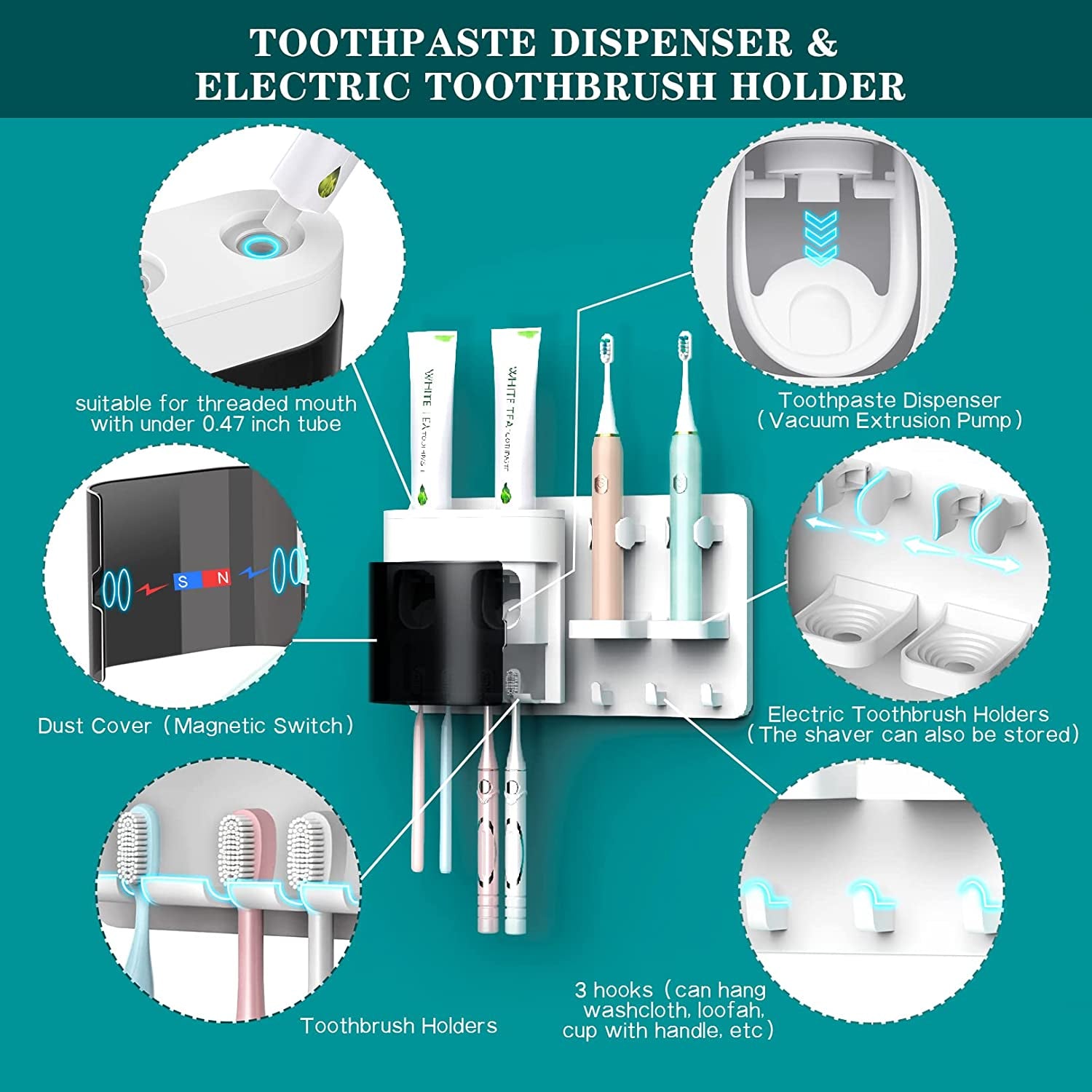 Wall-Mounted Toothbrush Holders with Double Automatic Toothpaste Dispenser, Dust-Proof Cover, 2 Toothpaste Squeezers, 2 Electric Toothbrush Holders, and 4 Toothbrush Organizer Slots.