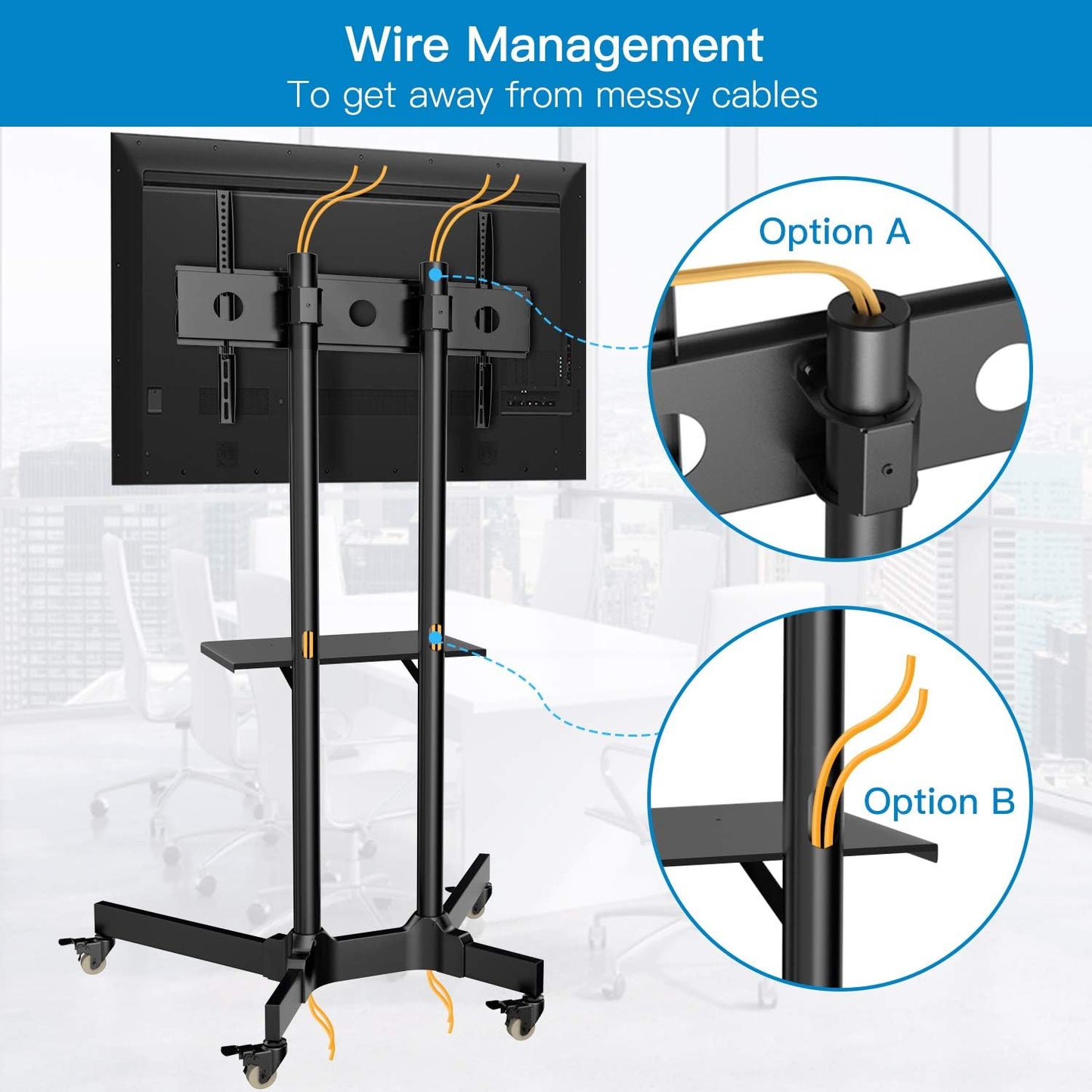 Mobile TV Cart with Wheels - Designed for 32-85 Inch LCD LED Plasma Flat Screen TVs - Height Adjustable Rolling TV Stand - Can Hold up to 132 lbs - Features a Floor Stand with Tray - Maximum VESA Compatibility: 600x400mm.