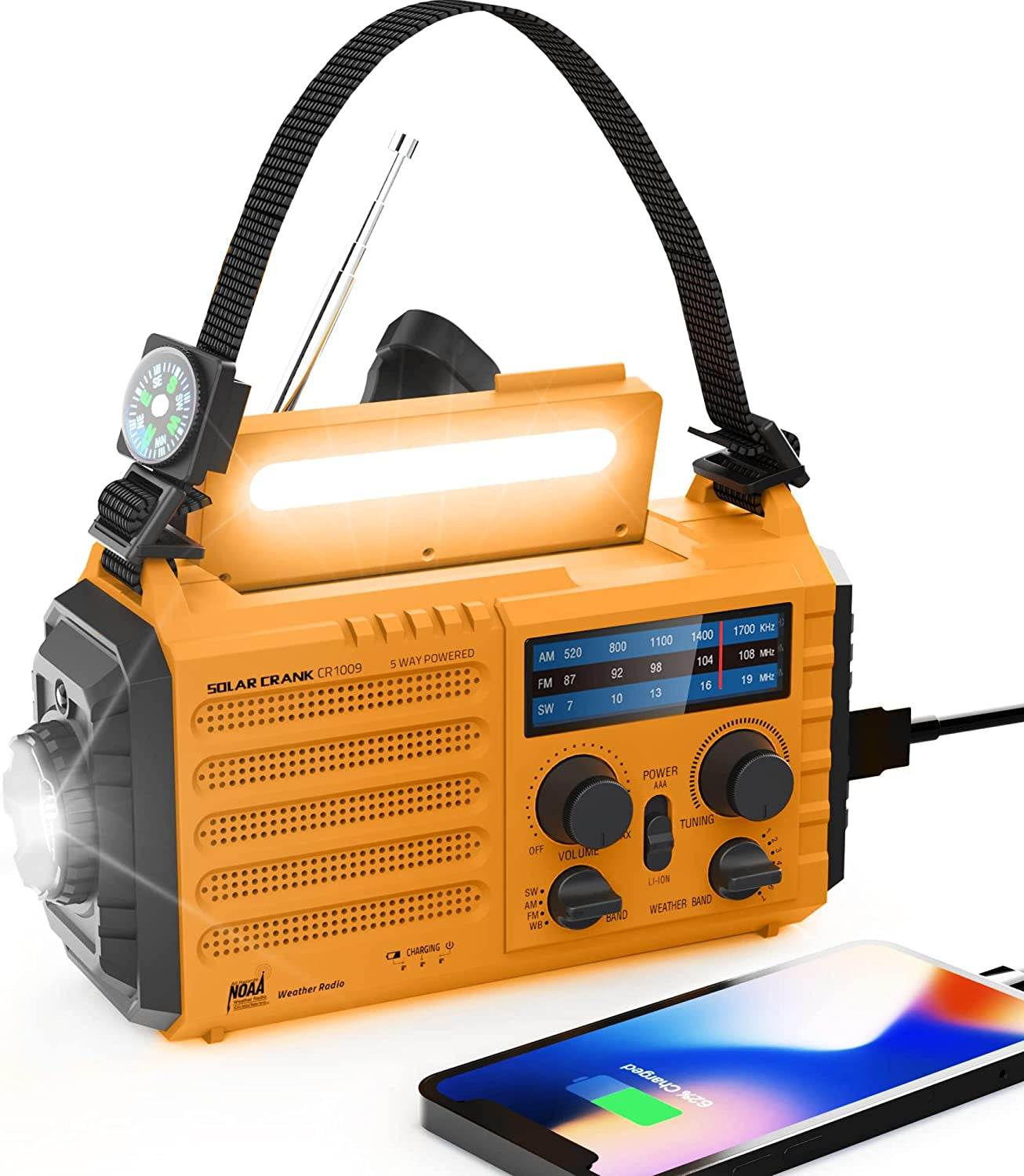 Portable AM/FM/NOAA Weather Radio with Solar Panel, Hand Crank, USB Charging, LED Flashlight, Reading Lamp, SOS, Compass - Ideal for Emergency Situations and Power Outages