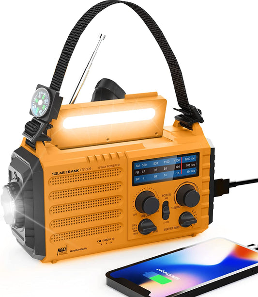 Portable Weather Radio with Emergency Features, Rechargeable Battery, Solar Panel, and Multiple Functions for Survival and Blackout Situations