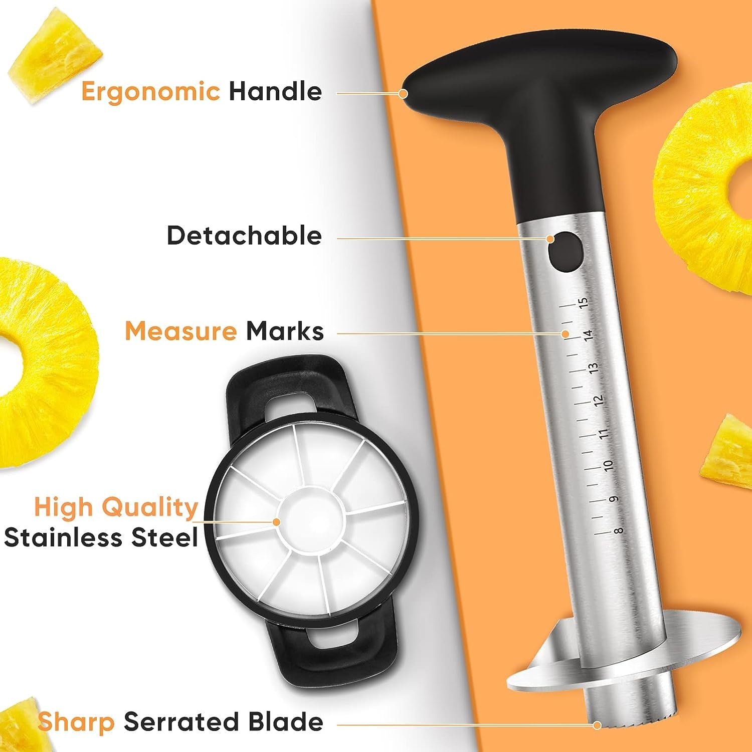 Pineapple Corer Cutter, Stainless Steel Fruit Pineapple Peeler Slicer [Upgraded, Reinforced, Thicker Blade], Pineapple Core Remover with Measure Mark, Kitchen Tool for Diced Pineapple Rings