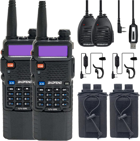 UV-5R 5W Handheld Radios - A Set of 2 with 3800mAh Batteries, Cases, Hand Mics, Earpieces, and One Cable included.