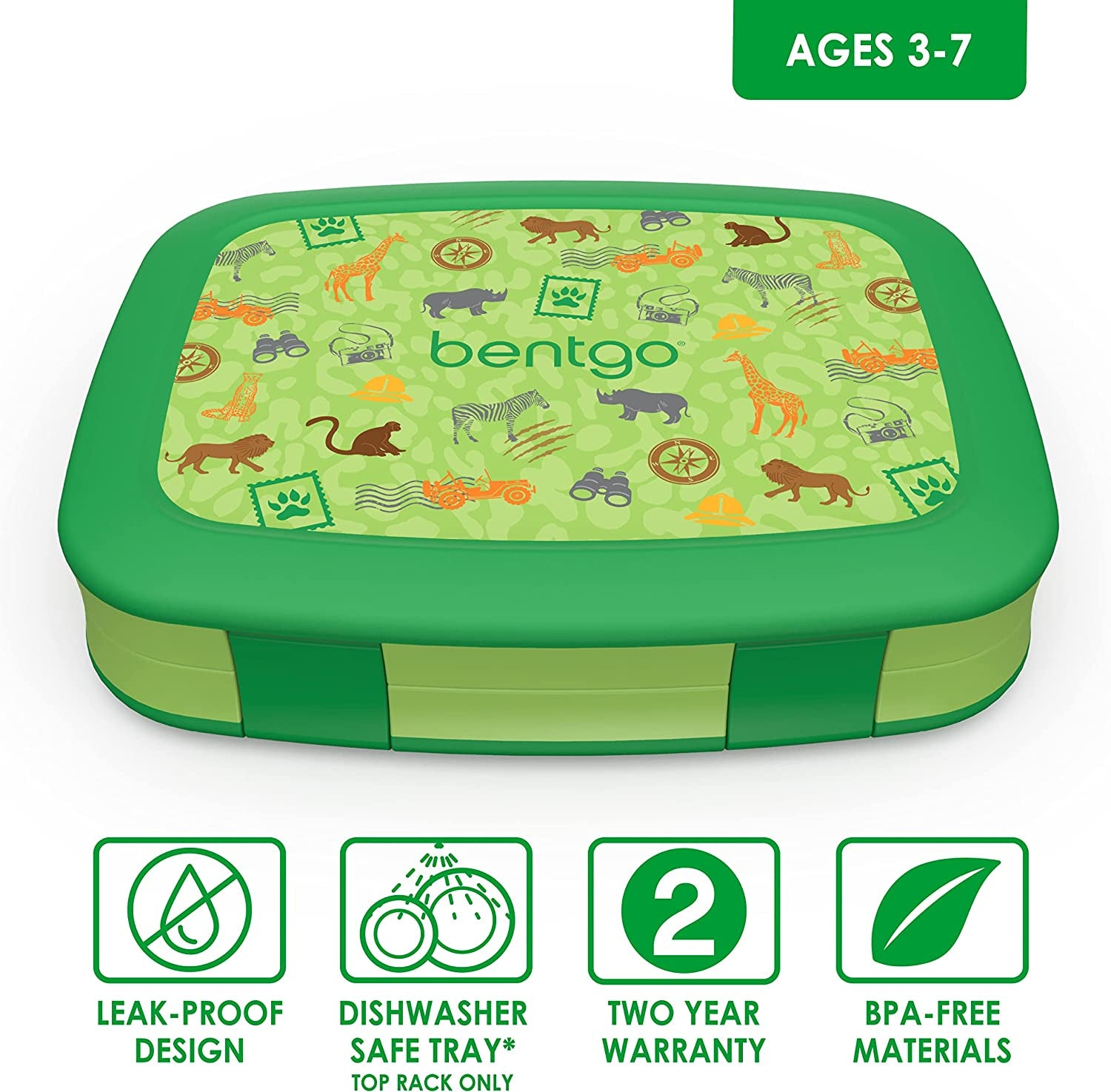  Kids Prints Leak-Proof Bento-Style Kids Lunch Box - Optimal Portion Sizes for Ages 3 to 7 - BPA-Free, Dishwasher Safe, Food-Safe Materials (Safari)