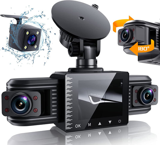 Adjustable Lens T1-Pro Dash Cam Front and Rear inside, 3 Channel 1080P Car Dash Camera with 8 IR Lamps Night Vision, Triple Car Camera System, Loop Recording, G-Sensor, Parking Monitor