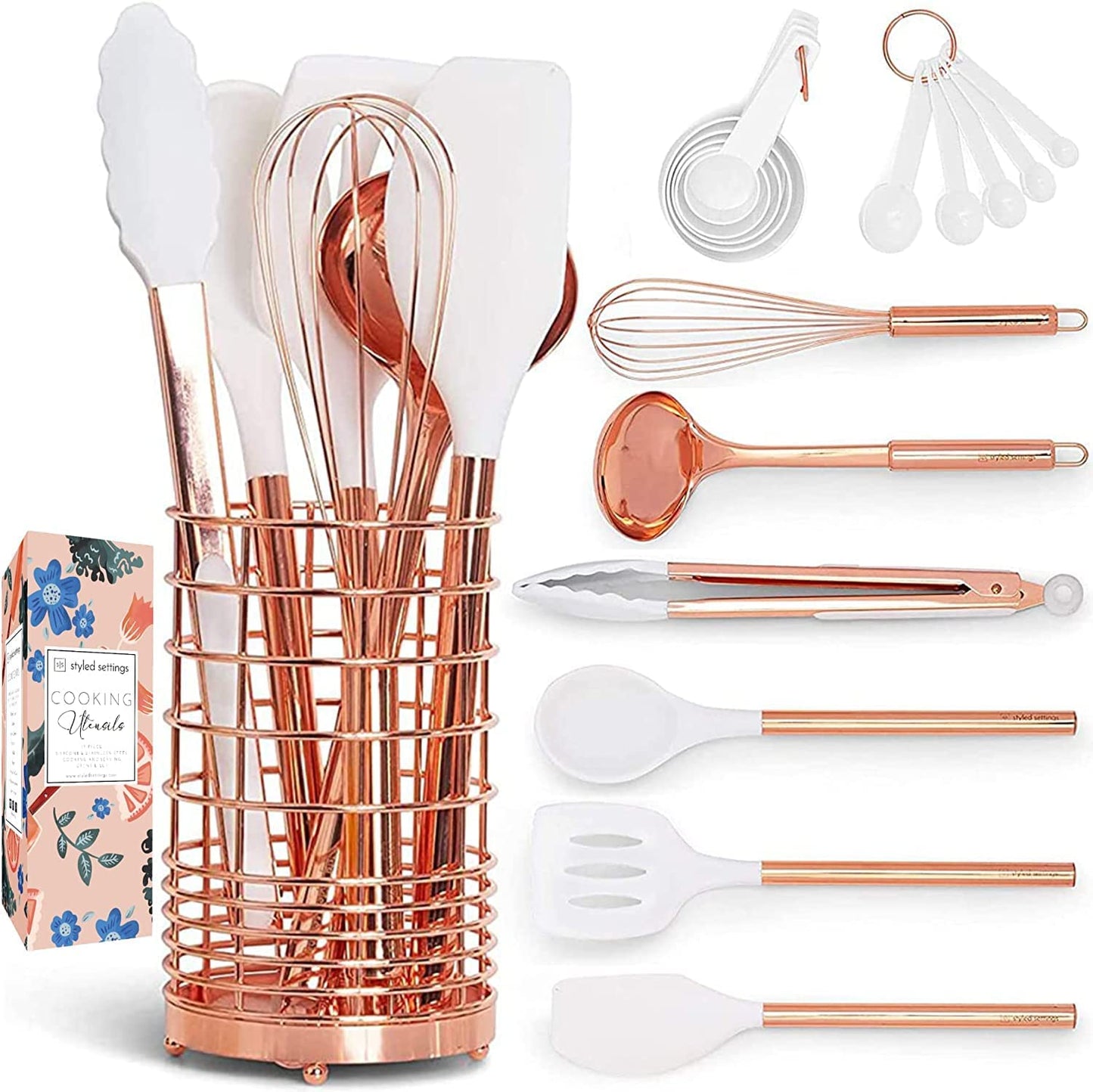 Rose Gold Kitchen Utensils Set with Holder - 17-Piece Collection of White Silicone and Copper Kitchen Tools, Including Measuring Cups, Measuring Spoons, and a Stylish Copper Utensil Holder - Enhance Your Kitchen with Elegant Copper Kitchen Accessories