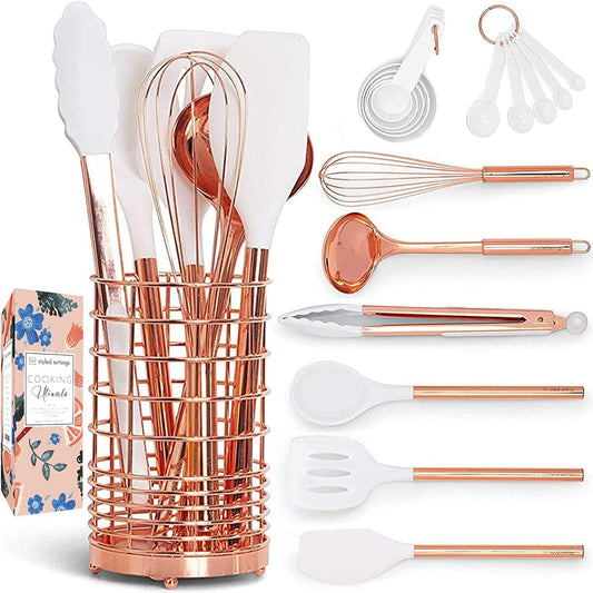 Rose Gold Kitchen Utensils Set with Holder - 17-Piece Collection of White Silicone and Copper Kitchen Tools, Including Measuring Cups, Measuring Spoons, and a Stylish Copper Utensil Holder - Enhance Your Kitchen with Elegant Copper Kitchen Accessories