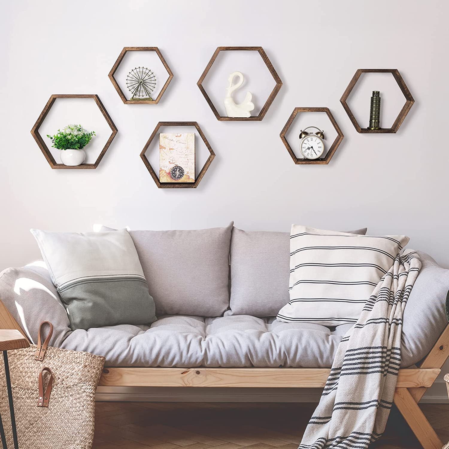 Set of 6 Hexagon Floating Shelves - Farmhouse Honeycomb Wall Storage Shelves made from Wood. These Hexagonal Shelves are Wall Mounted, Hanging, and add a Rustic Touch to Bedroom, Living Room, Hallway, and Office Decor in Brown.