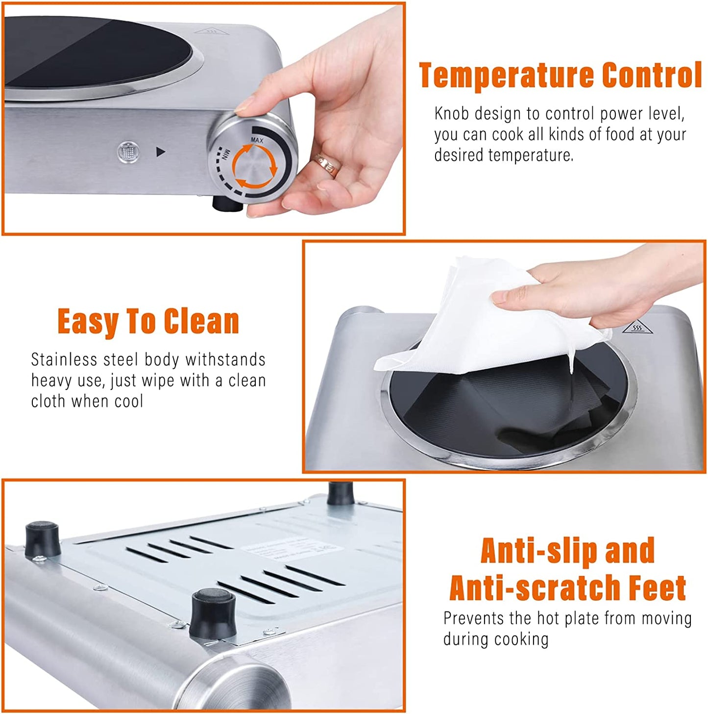 Single Burner Electric Hot Plate - 1200W Countertop Electric Cooktop, Portable Electric Stove in Stainless Steel. Features Temperature Control and Easy-to-Clean Surface.