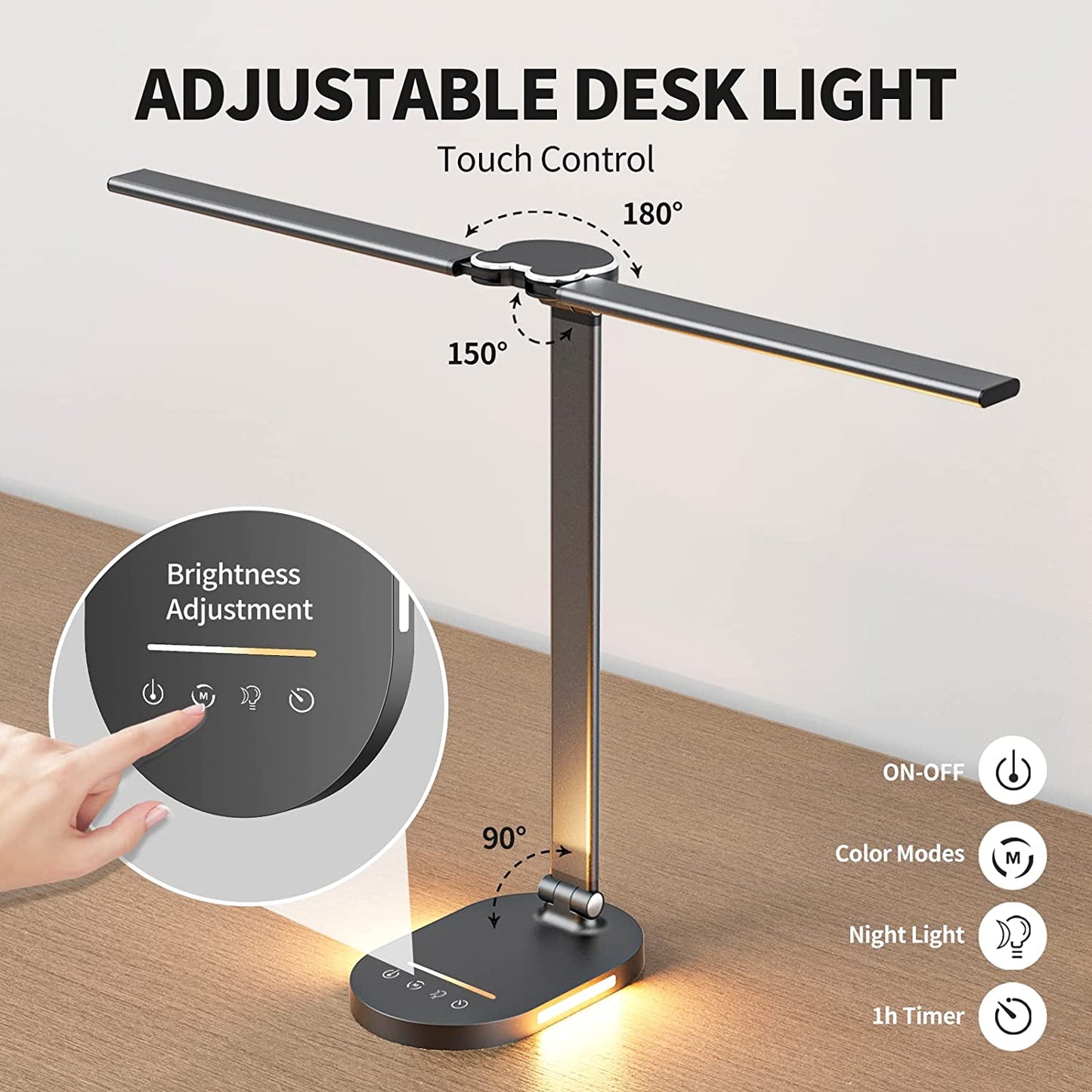 Dual Swing Arm LED Desk Lamp: Equipped with USB Charging Port and Night Light Function. This Desk Lamp offers 5 Color Modes, 5 Brightness Levels, and Touch Control. Ideal for Desktop, Office, or Table Use with Convenient Plug.