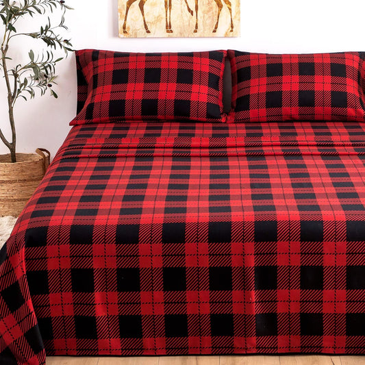 4-Piece King Size Bed Sheets Set - Red Black Plaid Patterned Sheets made from Soft and Warm 1800 Thread Count Brushed Microfiber. Designed with an 8-17" Deep Pocket for a secure fit on your mattress. These Winter Warm Bedsheets are Machine Washable 