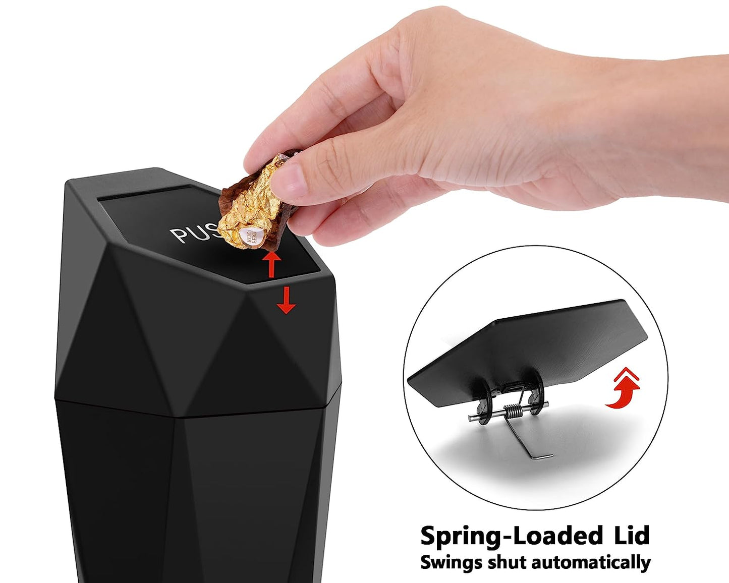 Mini Car Trash Can with Lid - A convenient Car Trash Can that fits in your cup holder. This Car Accessory is perfect for keeping your car interior clean. It's leakproof and includes 2 additional hooks and 90pcs of trash bags. Available in Black.