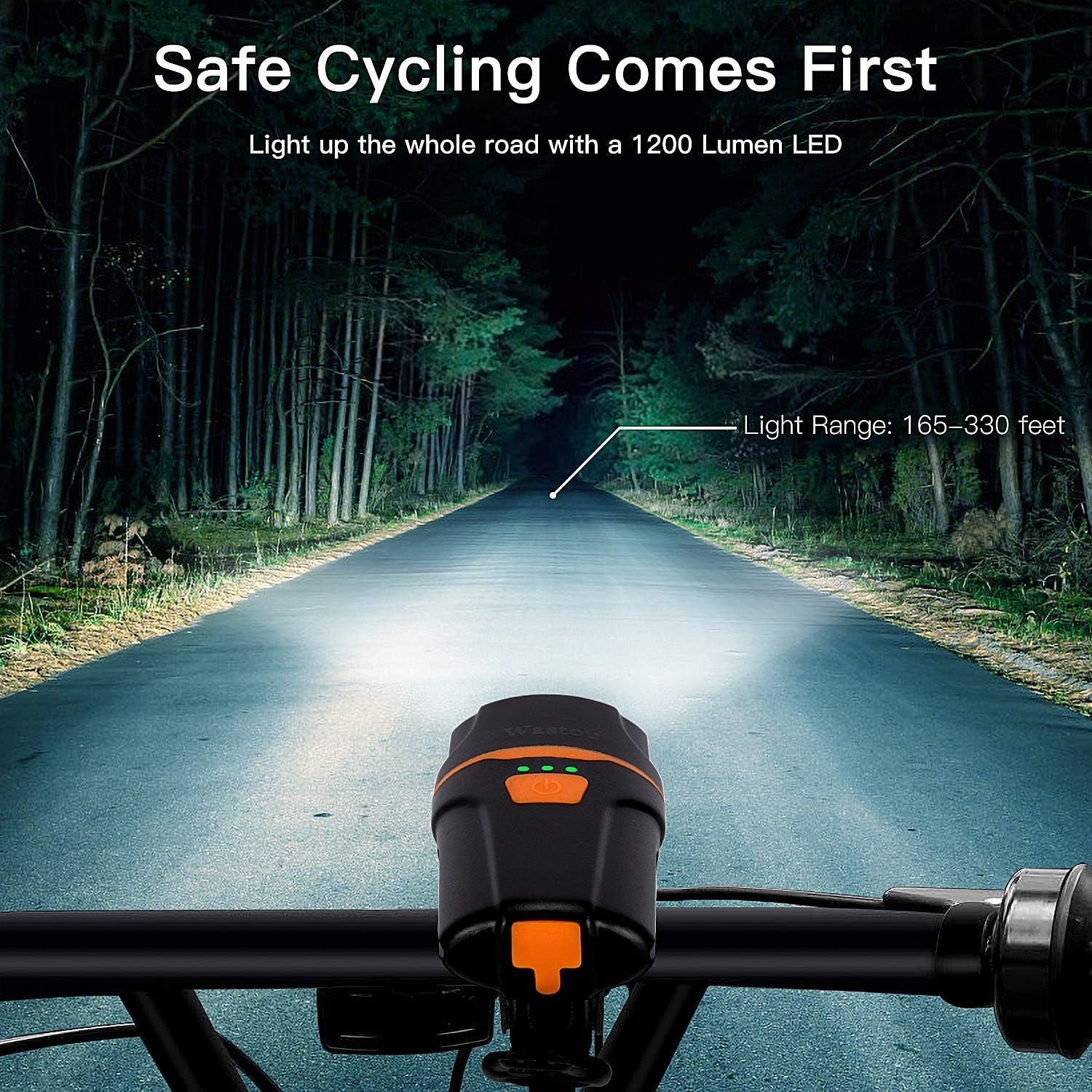 Super Bright Bike Front Light: 1200 Lumen, IPX6 Waterproof, 6 Modes Cycling Flashlight Torch, USB Rechargeable - Includes USB Cables and Tail Light
