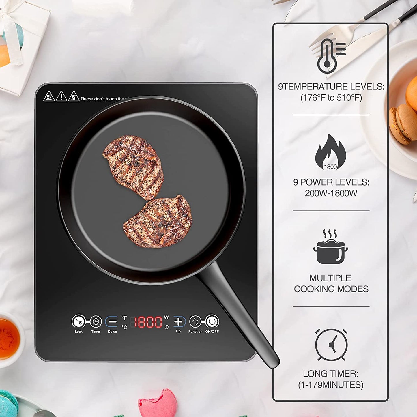 1800W Portable Induction Cooktop - Single Countertop Electric Cooktop with 9 Temperature & Power Levels, 3-Hour Timer, Safety Lock, Ultra-Thin Design, and Low Noise Operation.