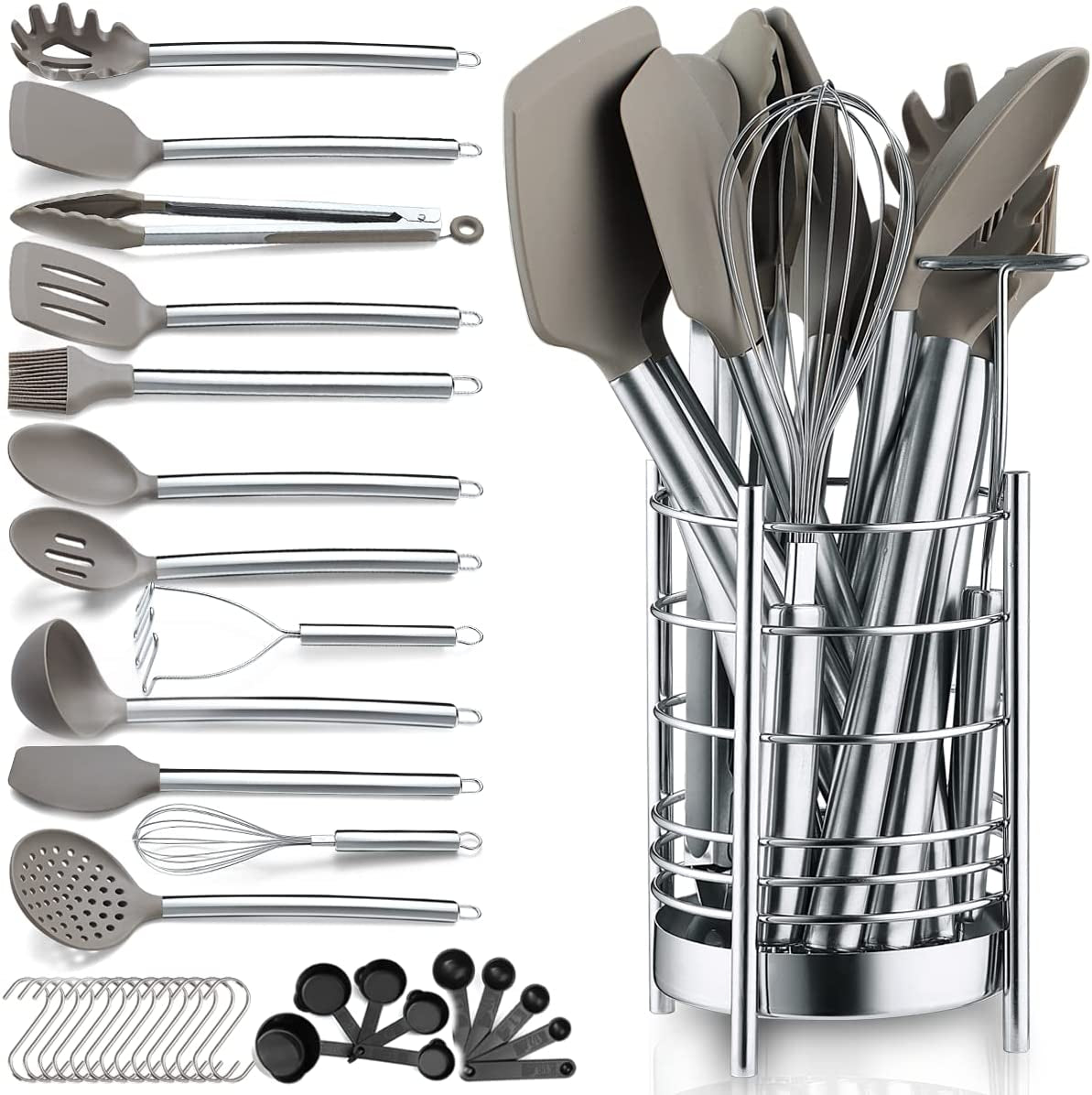 38-Piece Non-Stick Silicone Kitchen Utensils Set - Complete Kitchen Tools Set with Spoon Spatula Set, Sturdy Stainless Steel Utensil Holder Included, Dishwasher Safe.