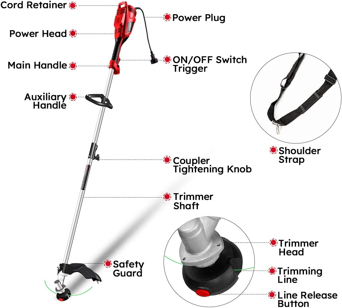 Red Edition GT1644 Electric String Trimmer: 10 Amp, 16-Inch Corded Grass Trimmer, Lightweight Design with Shoulder Strap