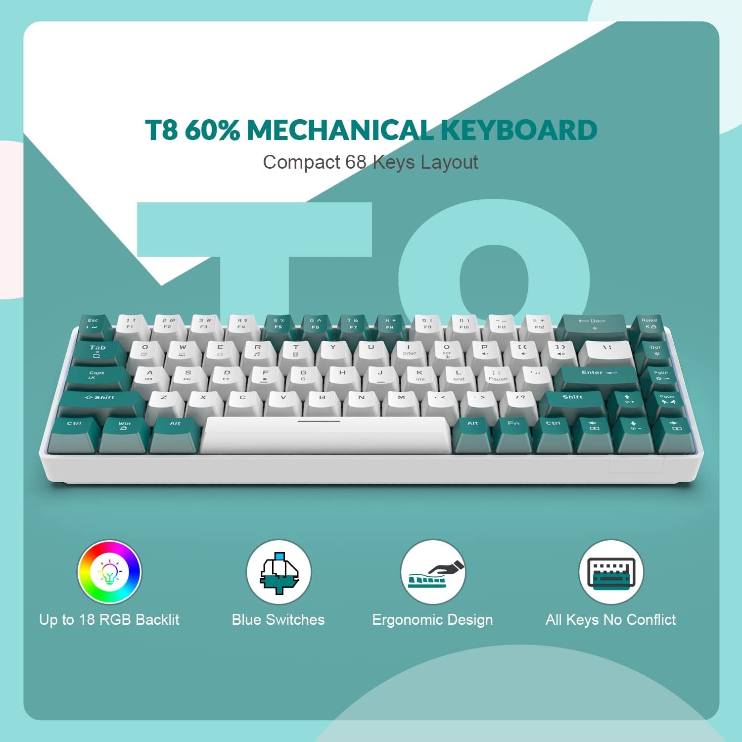 RK-T8 Wired 65% Mechanical Gaming Keyboard - TKL Mini with RGB LED Backlighting, Anti-Ghosting, and Custom Coiled USB-C Cable. Features Tactile Blue Switch for PS4, PS5, Xbox, PC, Mac Gamers. Available in Green/White.