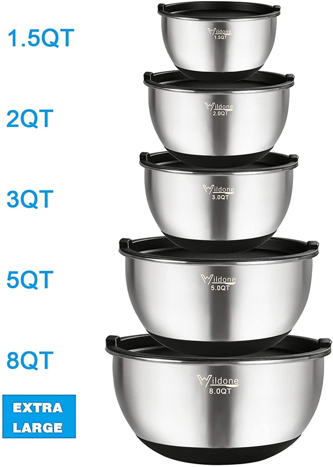 Stainless Steel Mixing Bowls Set of 5 with Lids, Measurement Lines, Silicone Bottoms, Non-Slip & Stackable Design - Sizes 8, 5, 3, 2, 1.5 QT - Ideal for Mixing and Prepping