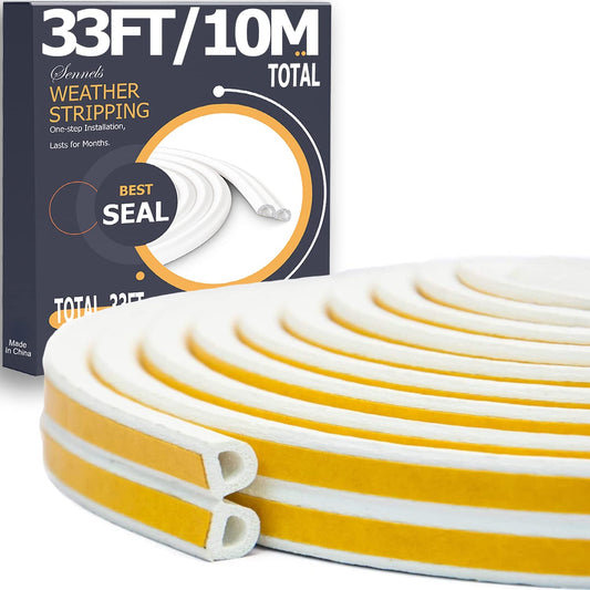 Durable Self-Adhesive Door and Window Weather Stripping, Soundproofing Draught Excluder Strip for Cracks and Gaps, 33 Ft, White