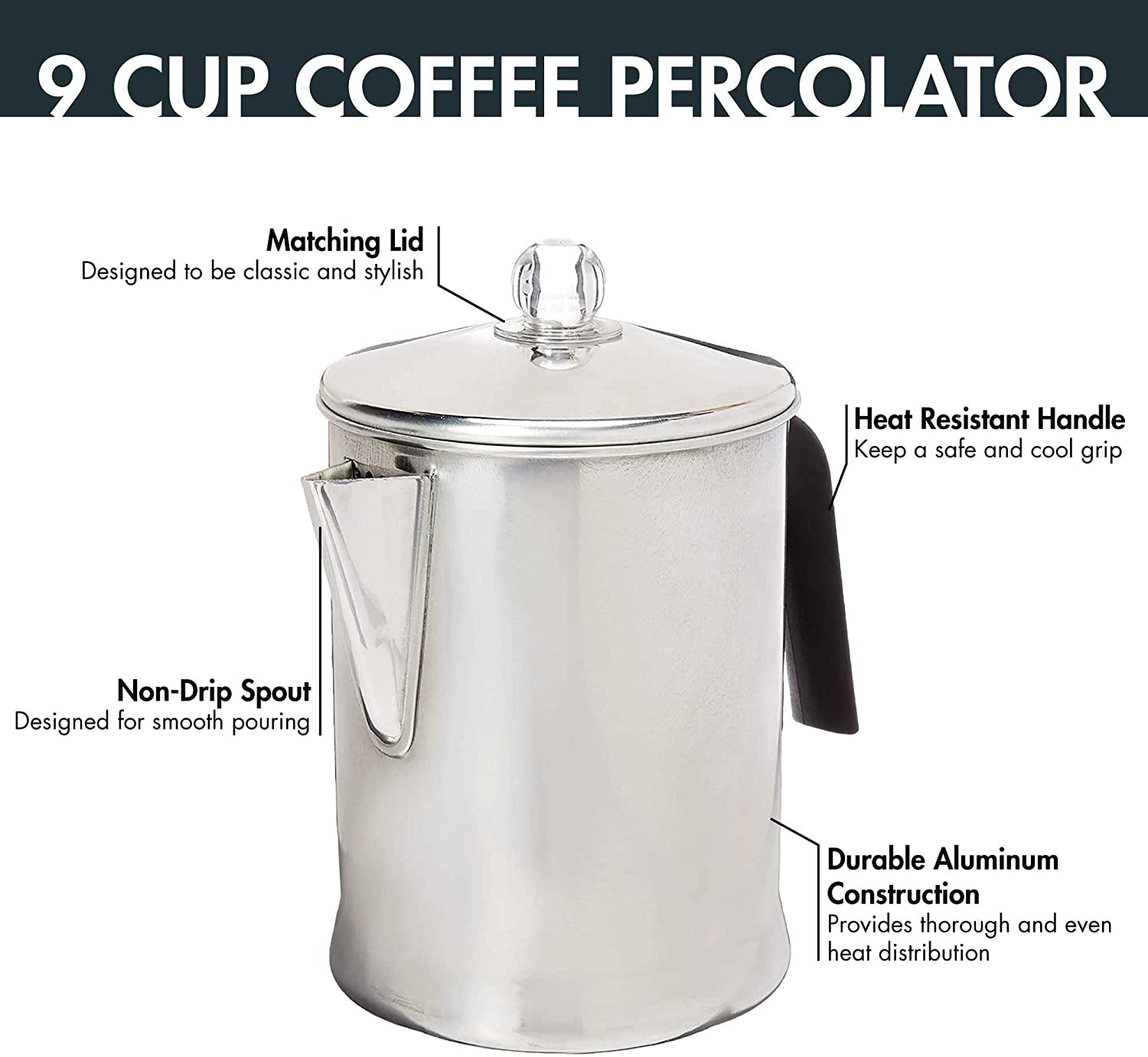 Aluminum Stove Top Percolator Maker Durable 9 Cup, Brew Coffee On Stovetop, Silver