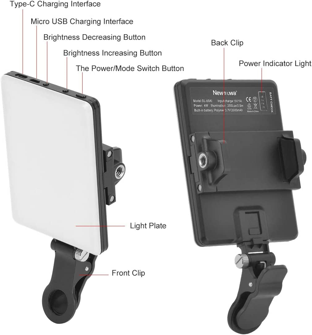 High Power 60 LED Rechargeable Clip Fill Video Light with Front & Back Clip - Adjustable 3 Light Modes for Phone, iPhone, Android, iPad, Laptop - Ideal for Makeup, Vlogging, TikTok, and Video Conferencing