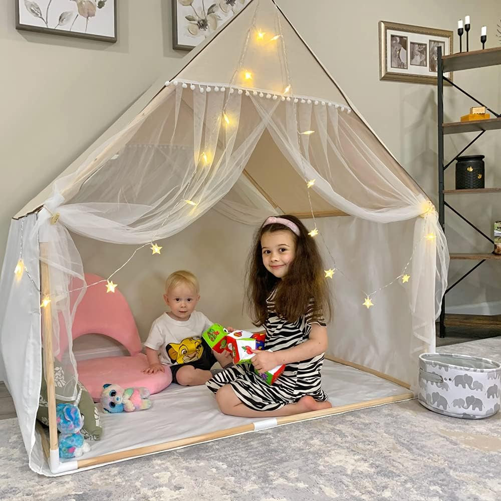 Children's Playhouse Play Tent - Large Lace Pom Design - Made from Natural Canvas - Portable for Indoor and Outdoor Play - Perfect Gift for Boys and Girls to Enjoy Fun Plays