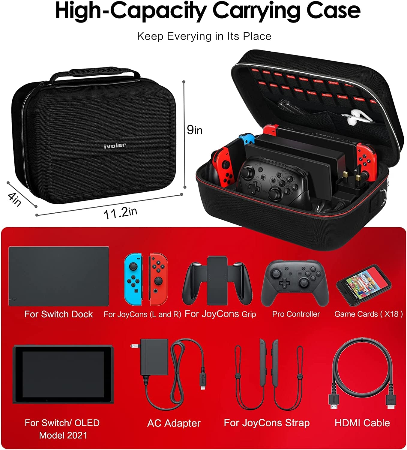  Carrying Storage Case for Nintendo Switch/Switch OLED Model (2021) - Portable Travel Protective Hard Messenger Bag with Soft Lining, Accommodates 18 Games, Switch Console, Pro Controller & Accessories - Black
