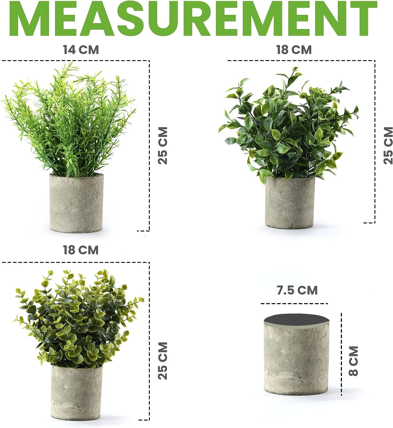 Set of 3 Mini Artificial Plants for Decor - Includes 9.5 Inches Eucalyptus, Boxwood, and Rosemary Fake Plants; Small Potted Faux Indoor Plants for Various Settings like Home, Kitchen, Living Room, Office, Table, Shelf, and Greenery Decor.