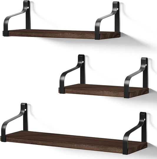 Set of 3 Floating Shelves - Wall Mounted - Rustic Wood Design - Ideal for Bedroom, Living Room, Bathroom, Kitchen, Office, and More - Color: Dark Walnut - Offers Stylish Wall Storage.