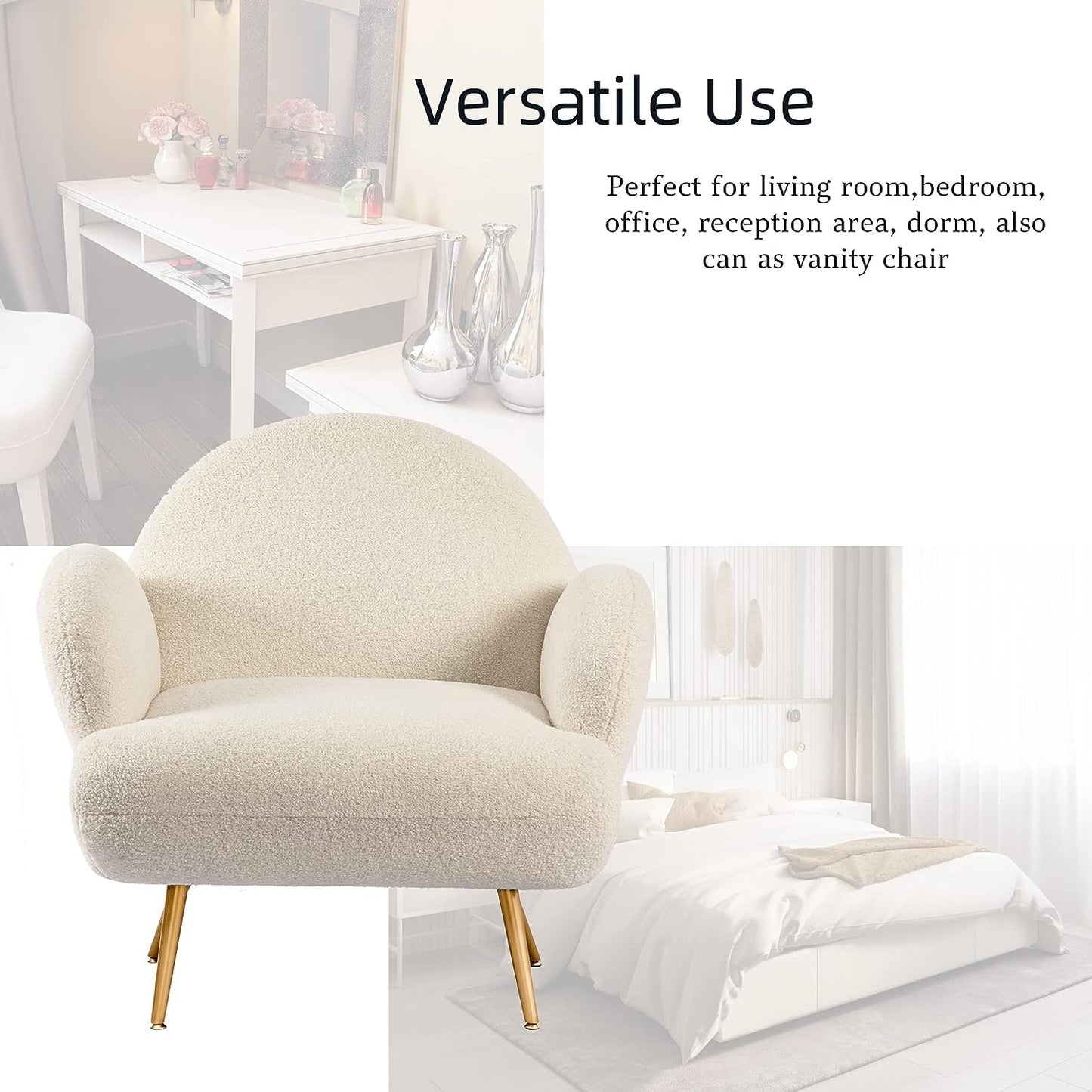 White Accent Sherpa Chair - Comfy Modern Armchair with Golden Metal Legs Mid-Century Sofa Chair