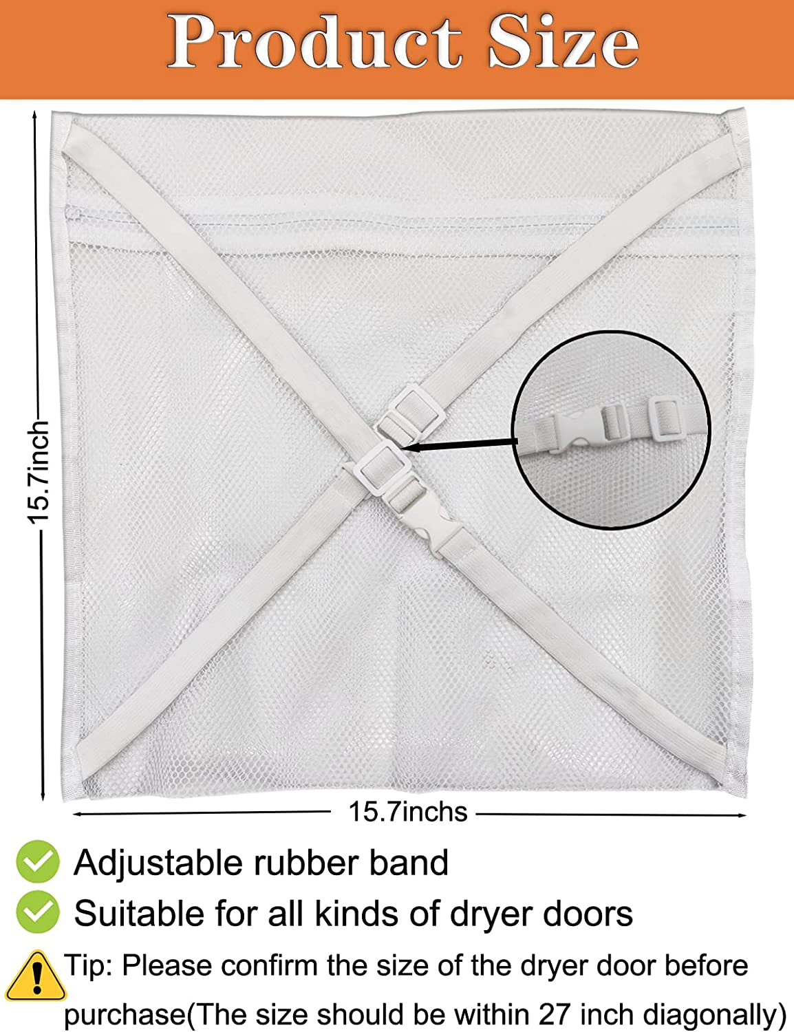 Sneaker Drying & Washing Machine Bag - Designed for Shoes, Clothing, and Laundry. Features an Elastic Strap Adjuster for Easy Installation on Most Dryer Machine Doors in the Laundry Room. Dimensions: 15.7 x 15.7 Inches.