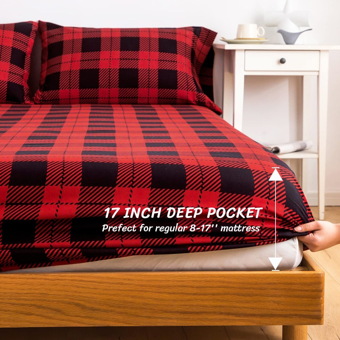 4-Piece King Size Bed Sheets Set - Red Black Plaid Patterned Sheets made from Soft and Warm 1800 Thread Count Brushed Microfiber. Designed with an 8-17" Deep Pocket for a secure fit on your mattress. These Winter Warm Bedsheets are Machine Washable 