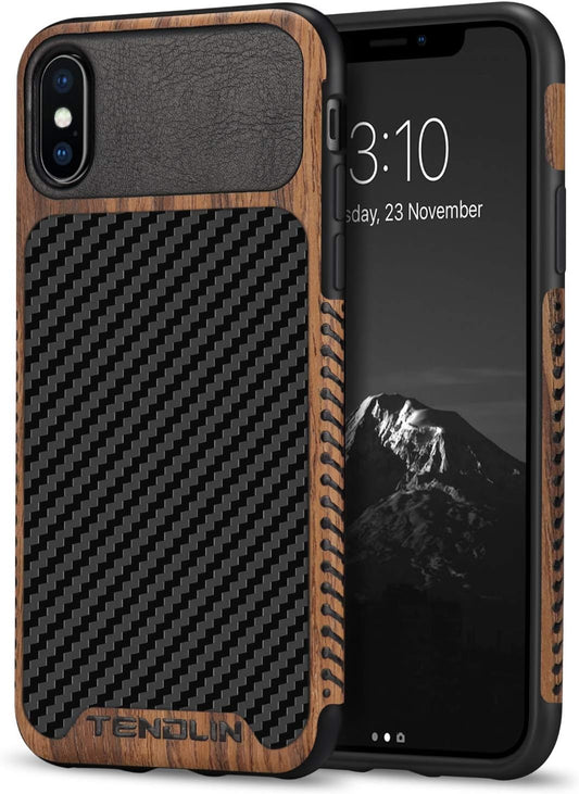 iPhone Xs Case/iPhone X Case with Wood Grain and Carbon Fiber Texture Design. Compatible with both iPhone X and iPhone Xs. Slim and stylish.