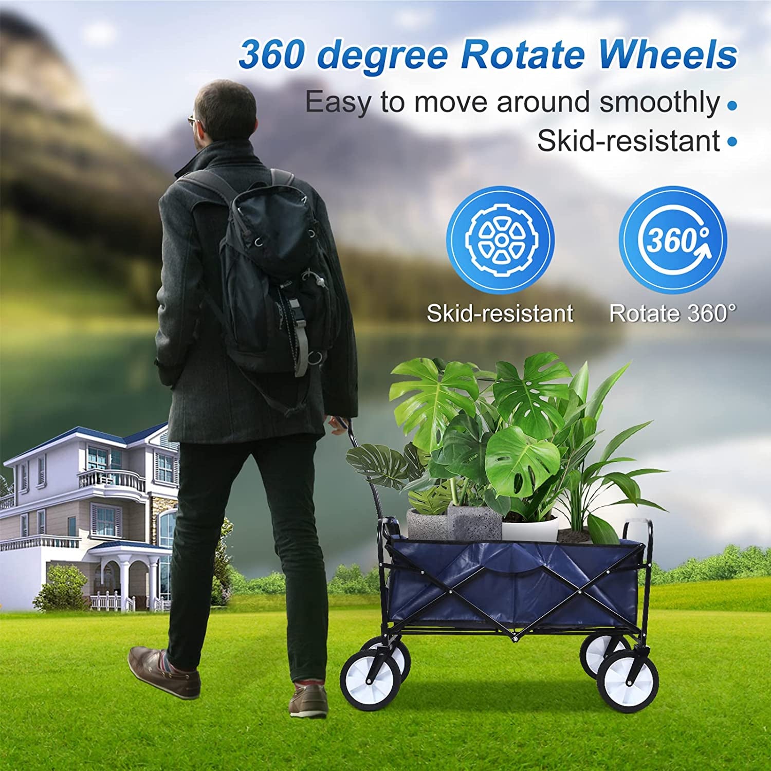 Wagon Rolling Collapsible  360 Degree Swivel Wheels -Garden Cart Camping Wagon, Adjustable Handle, 220lbs Weight Capacity - Blue