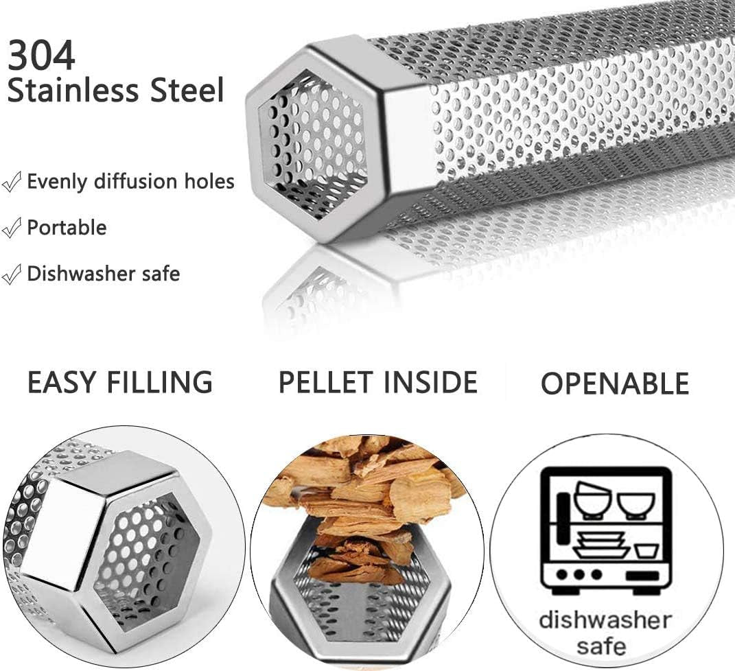 12-Inch Perforated Stainless Steel Pellet Smoker Tube for Cold and Hot Smoking - Portable Barbeque Smoke Generator Box with Tong, Brushes, and S-Shaped Hooks