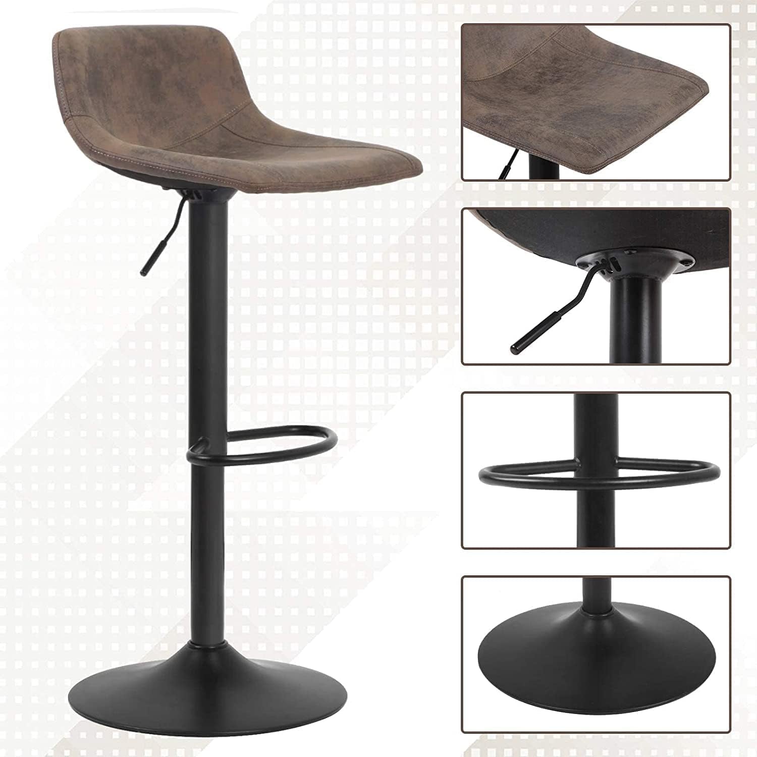 Set of 2 Bar Stools, Swivel Barstool Chairs with Back, Modern Pub Kitchen Counter Height, Retro Brown, PU Material