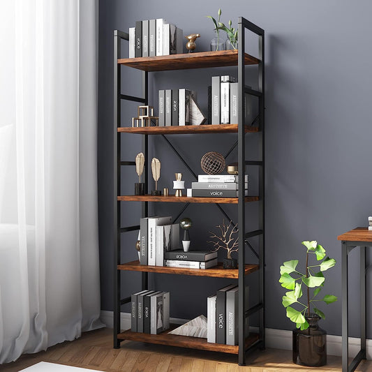 Rustic 5-Tier Industrial Bookshelf - 24x11.8x63 inches, Wood and Metal, Open Shelves, Living Room, Bedroom.