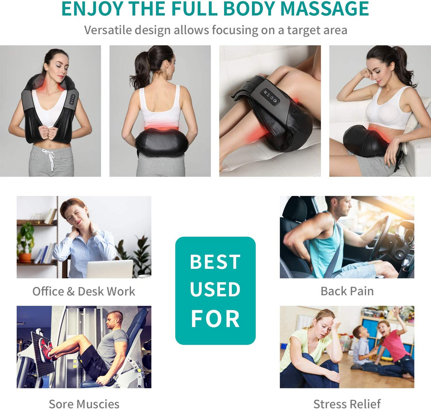 Shiatsu Neck and Back Massager with Soothing Heat - Electric Deep Tissue 3D Kneading Massage Pillow for Shoulder, Leg, and Body Muscle Pain Relief - Suitable for Home, Office, and Car Use (Black)