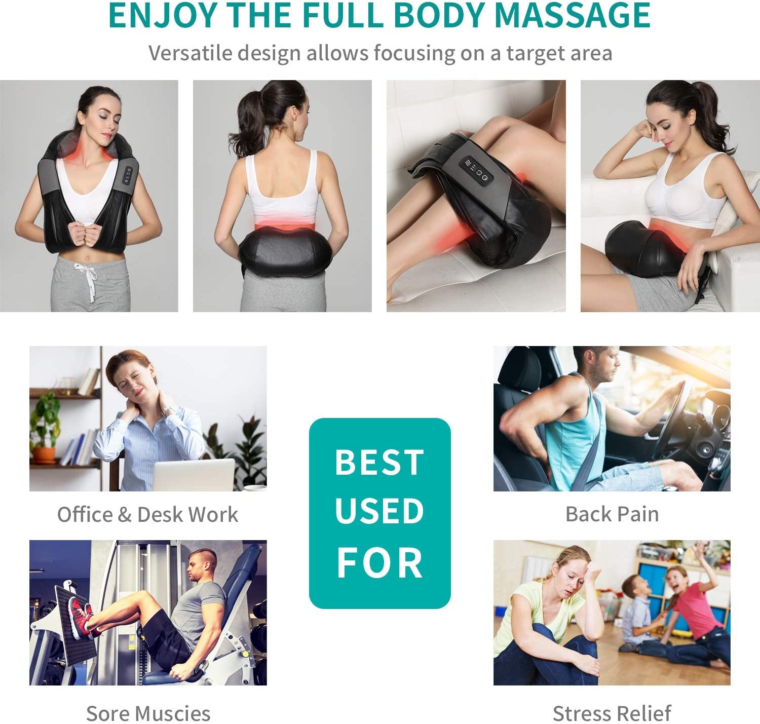 Shiatsu Neck and Back Massager with Soothing Heat - Electric Deep Tissue 3D Kneading Massage Pillow for Shoulder, Leg, and Body Muscle Pain Relief - Suitable for Home, Office, and Car Use (Black)