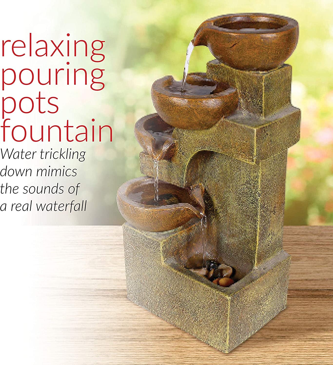  Tiering Pots Fountain, 9" Length x 7" Width x 16" Height, Brown