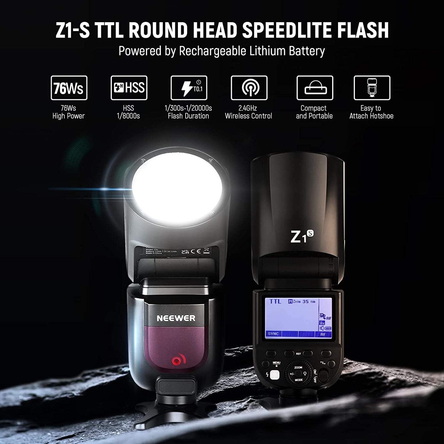 Round Head Flash Speedlite for Sony DSLR Cameras with High-Speed Sync, LED Modeling Lamp, and Long Battery Life