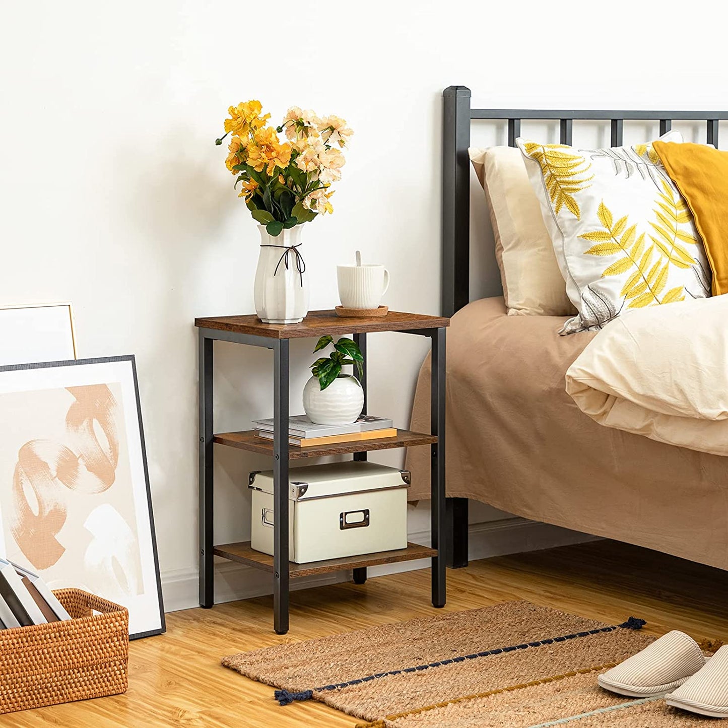 Industrial End Table with 3-Layer Shelves, Rustic Brown - Easy Assembly, Ideal for Small Spaces and Living Room 