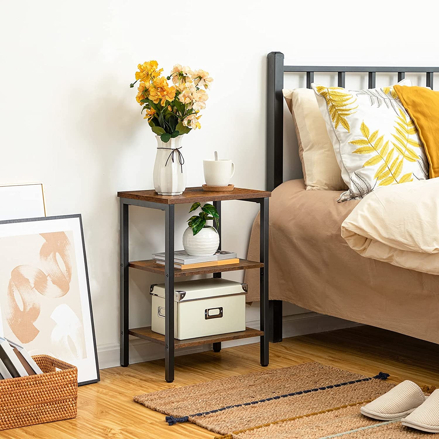 Industrial End Table with 3-Layer Shelves, Rustic Brown - Easy Assembly, Ideal for Small Spaces and Living Room 