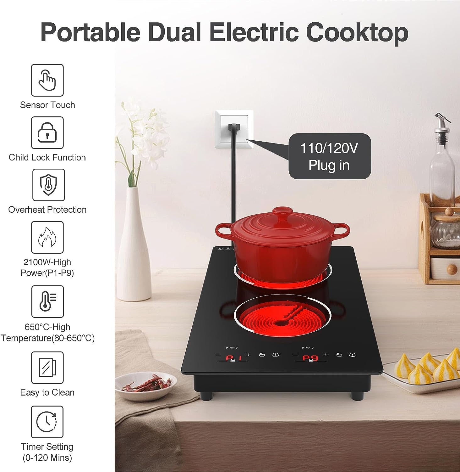 12-Inch Built-in Radiant Electric Stove Top - Electric Ceramic Cooktop with 2 Burners, 110V, 9 Heating Levels, Timer, Kid Safety Lock, and Sensor Touch Control.