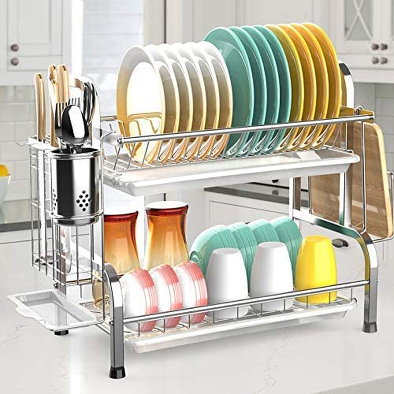 2 Tier Dish Drying Rack - Constructed from 304 Stainless Steel, Includes Drain Board, Utensil Holder, and Cutting Board Holder, Non-Rust Dish Drainer for Kitchen Counters; Silver Finish.