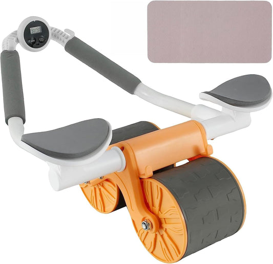 Ab Roller Wheel with Elbow Support - Automatic Rebound Abdominal Exercise Wheel for Abs Workout. Ideal Home Gym Fitness Equipment with Time Tracker and Mat for Core Strength Training.