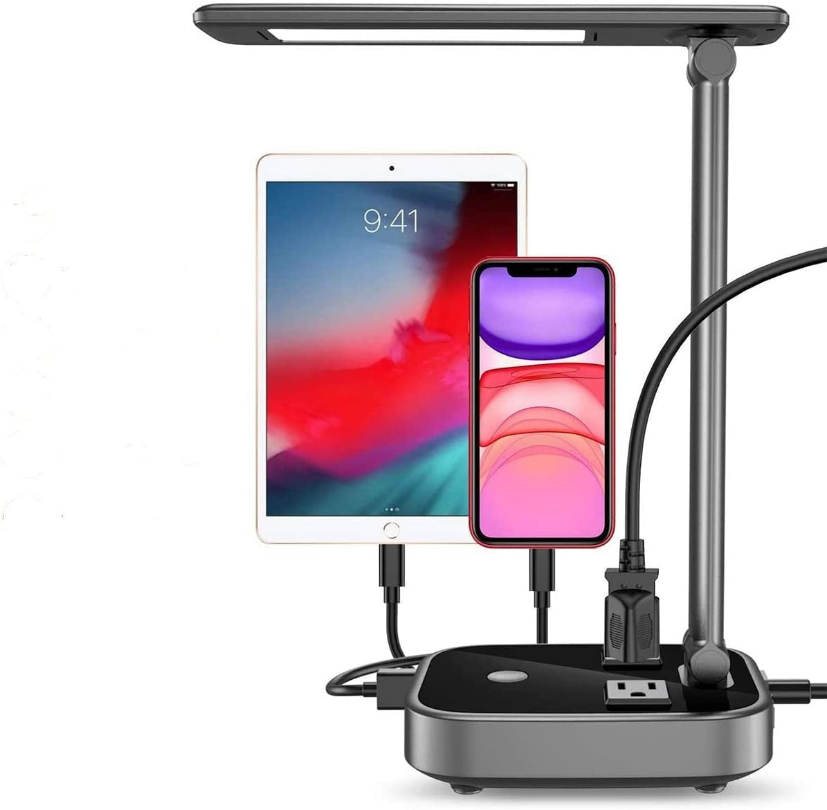 Desk Lamp with AC Outlet, USB Charging Port, Touch Control, 3 Brightness Levels, Foldable LED Desk Lamp for Space-Saving, Eye-Caring Study Lamp for Home Office (Includes Plug)