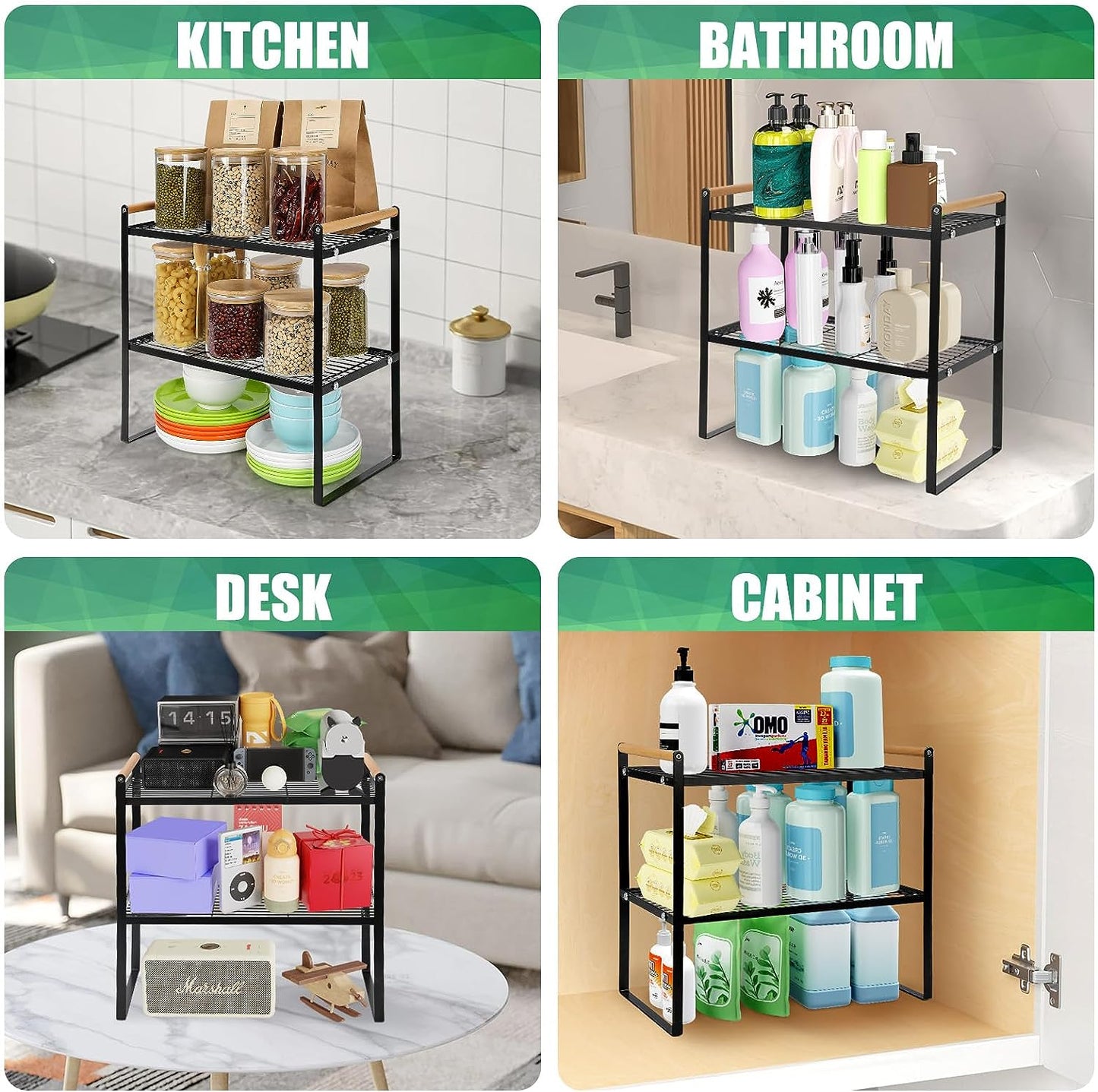 Sturdy Black Kitchen Cabinet Shelf Organizers - Multi-Purpose Stand for Cupboards, Pantries, and Bathroom Countertops; Includes Shelves for Organizing and Storing Items like Spices and Kitchen Essentials.