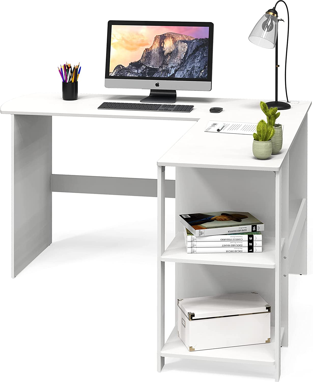 L-Shaped White Wood Corner Desk for Home Office