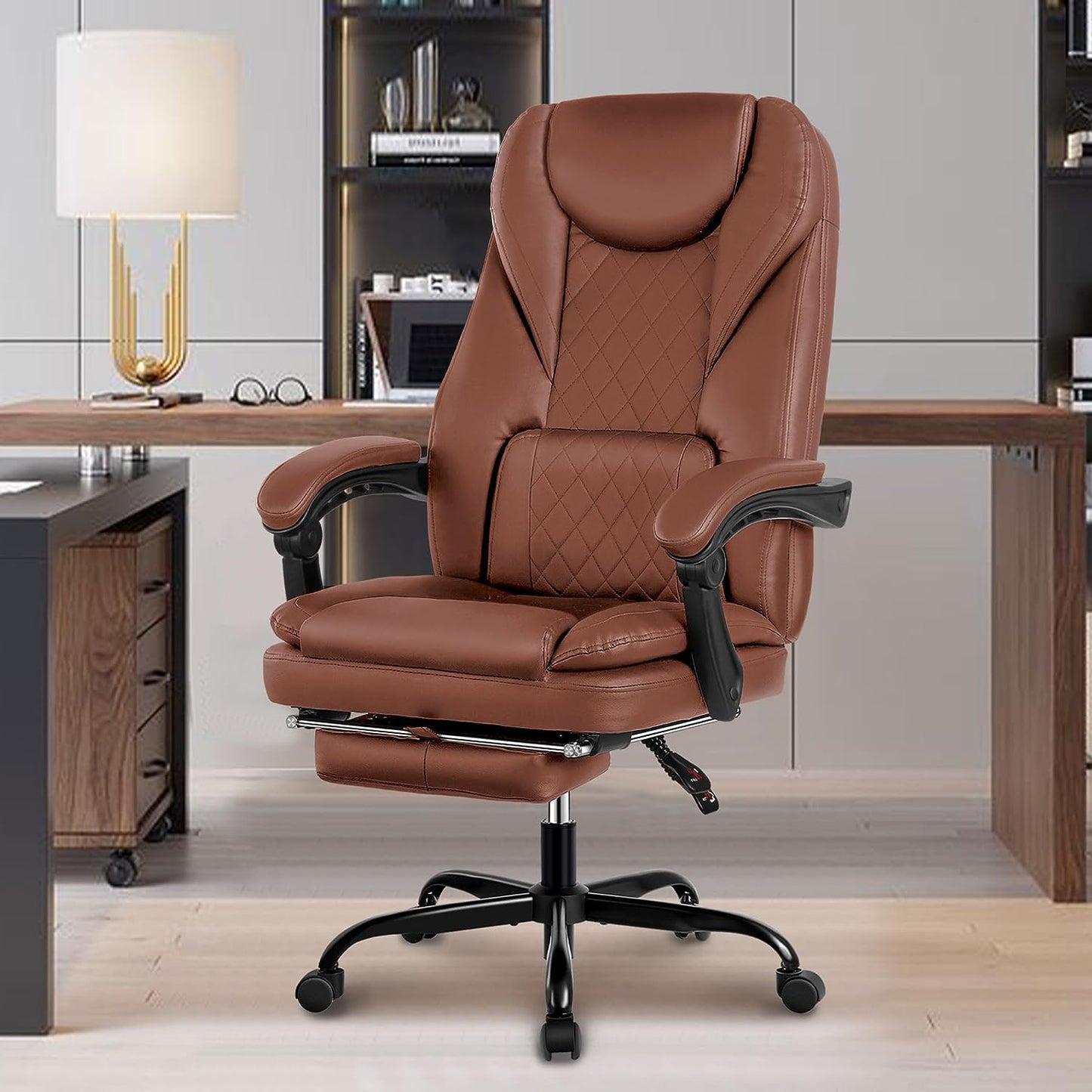 Executive Office Chair - Big and Tall Reclining Leather Chair with Foot Rest, High Back, Lumbar Support, and Ergonomic Design for Home Office - Brown